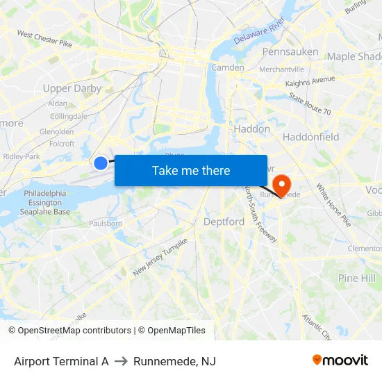 Airport Terminal A to Runnemede, NJ map