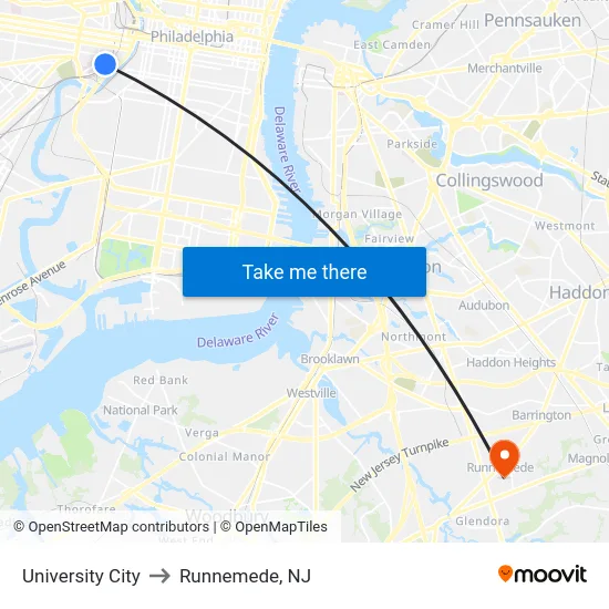 University City to Runnemede, NJ map