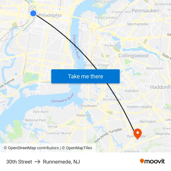 30th Street to Runnemede, NJ map