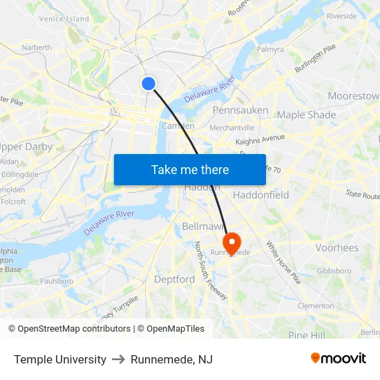 Temple University to Runnemede, NJ map