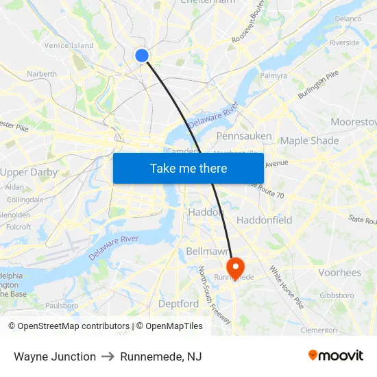 Wayne Junction to Runnemede, NJ map