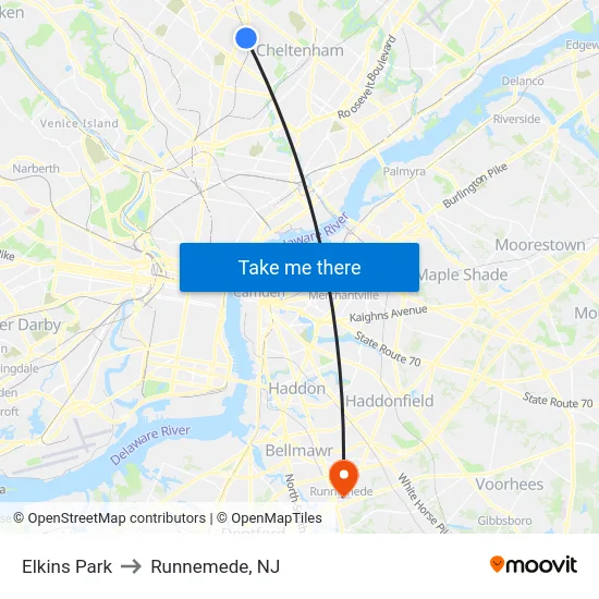 Elkins Park to Runnemede, NJ map