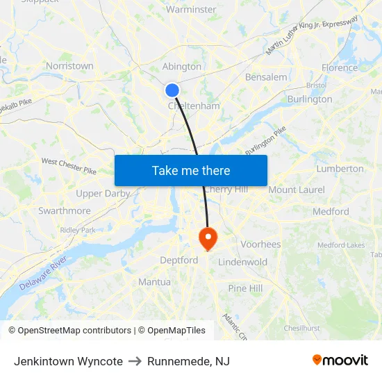 Jenkintown Wyncote to Runnemede, NJ map