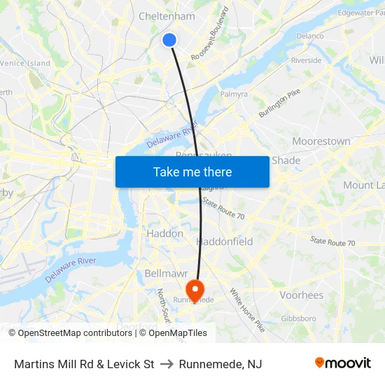Martins Mill Rd & Levick St to Runnemede, NJ map