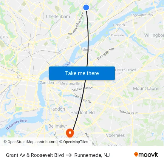 Grant Av & Roosevelt Blvd to Runnemede, NJ map