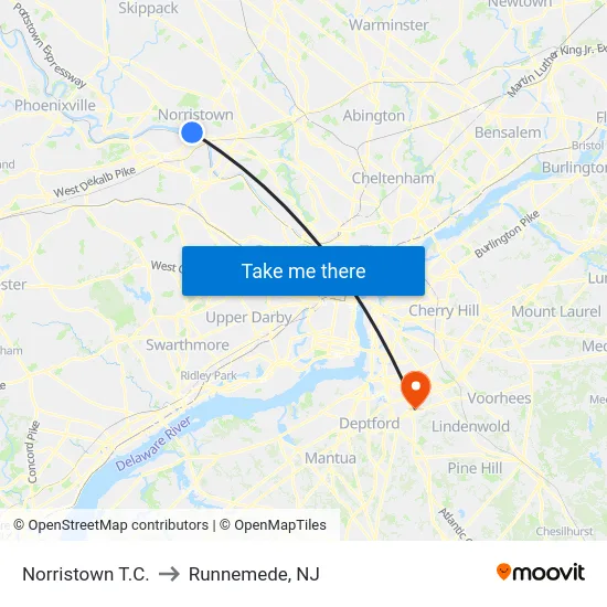 Norristown T.C. to Runnemede, NJ map