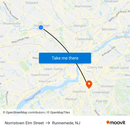 Norristown Elm Street to Runnemede, NJ map