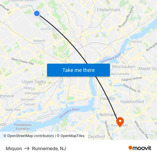 Miquon to Runnemede, NJ map