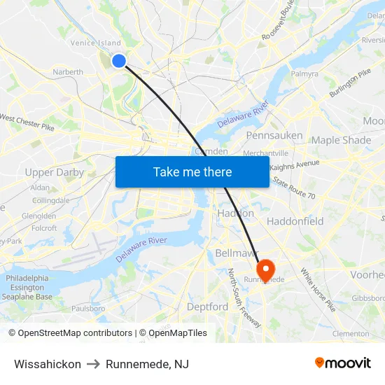 Wissahickon to Runnemede, NJ map