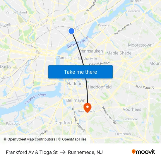 Frankford Av & Tioga St to Runnemede, NJ map