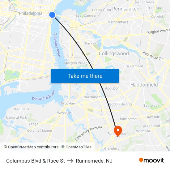 Columbus Blvd & Race St to Runnemede, NJ map