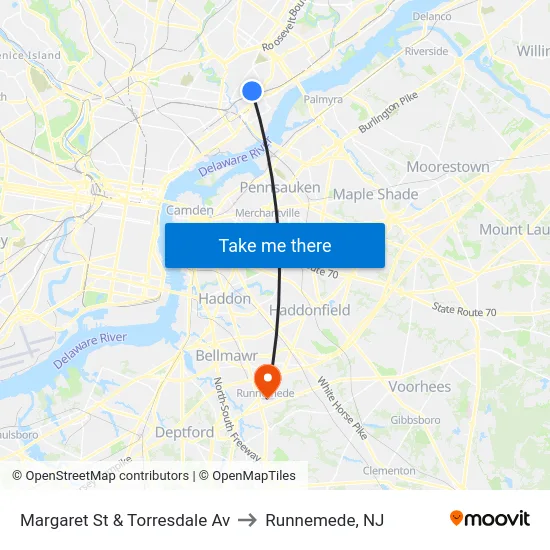 Margaret St & Torresdale Av to Runnemede, NJ map