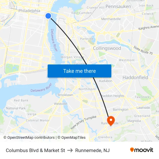 Columbus Blvd & Market St to Runnemede, NJ map