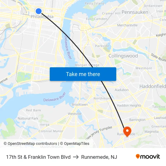 17th St & Franklin Town Blvd to Runnemede, NJ map