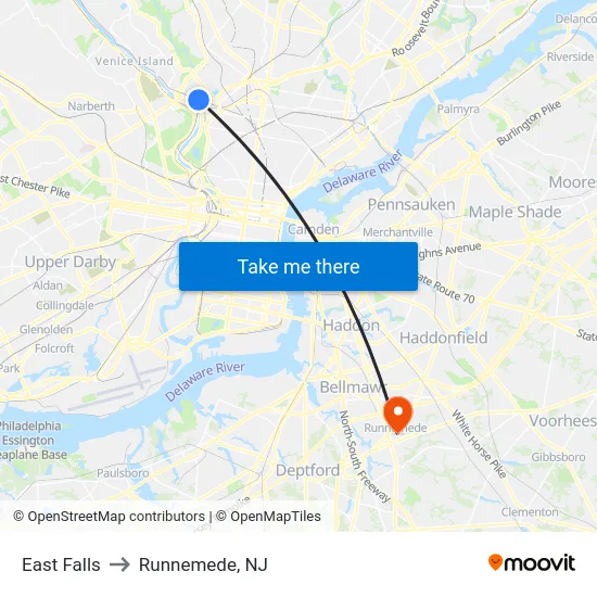 East Falls to Runnemede, NJ map