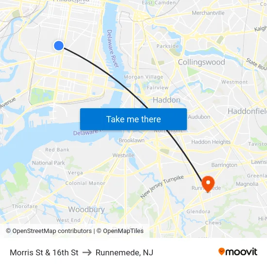 Morris St & 16th St to Runnemede, NJ map