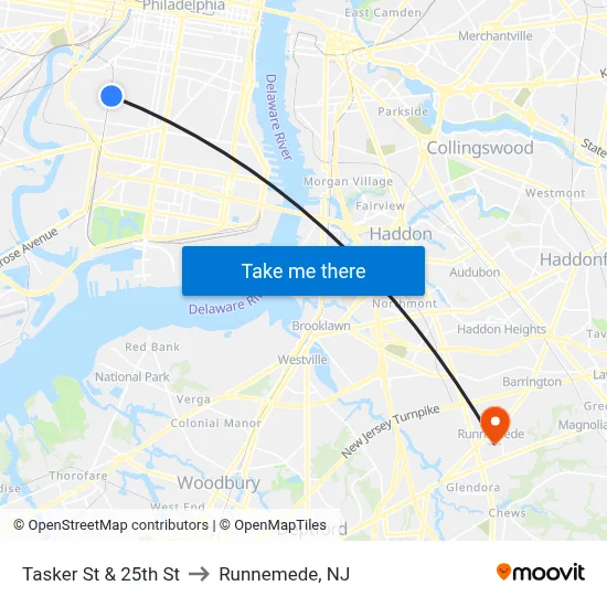 Tasker St & 25th St to Runnemede, NJ map