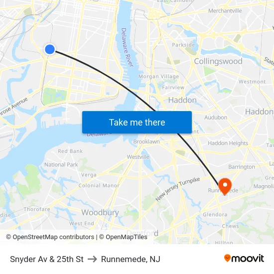 Snyder Av & 25th St to Runnemede, NJ map