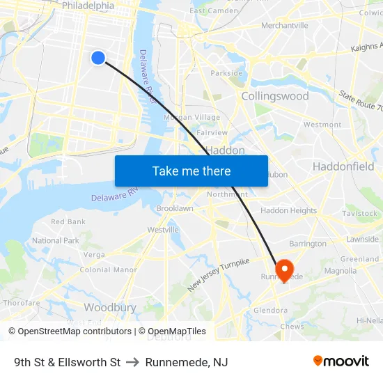 9th St & Ellsworth St to Runnemede, NJ map