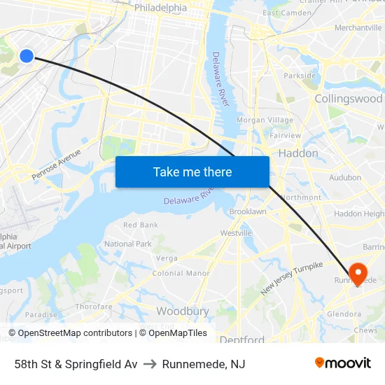 58th St & Springfield Av to Runnemede, NJ map