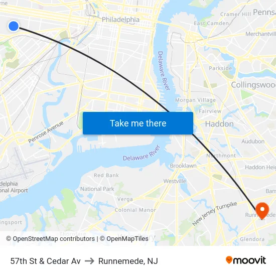 57th St & Cedar Av to Runnemede, NJ map