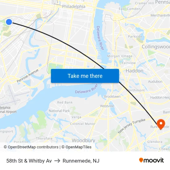 58th St & Whitby Av to Runnemede, NJ map