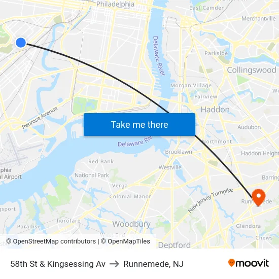 58th St & Kingsessing Av to Runnemede, NJ map