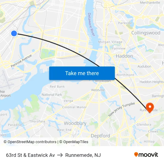 63rd St & Eastwick Av to Runnemede, NJ map