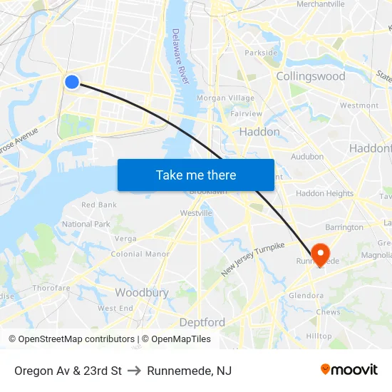 Oregon Av & 23rd St to Runnemede, NJ map