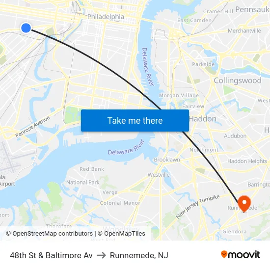 48th St & Baltimore Av to Runnemede, NJ map