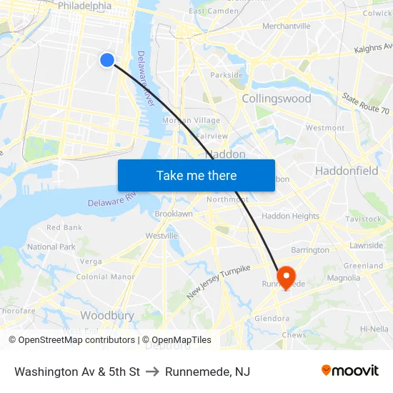 Washington Av & 5th St to Runnemede, NJ map