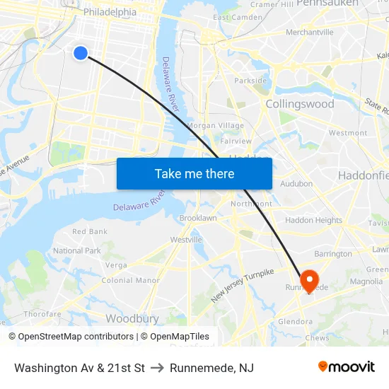 Washington Av & 21st St to Runnemede, NJ map