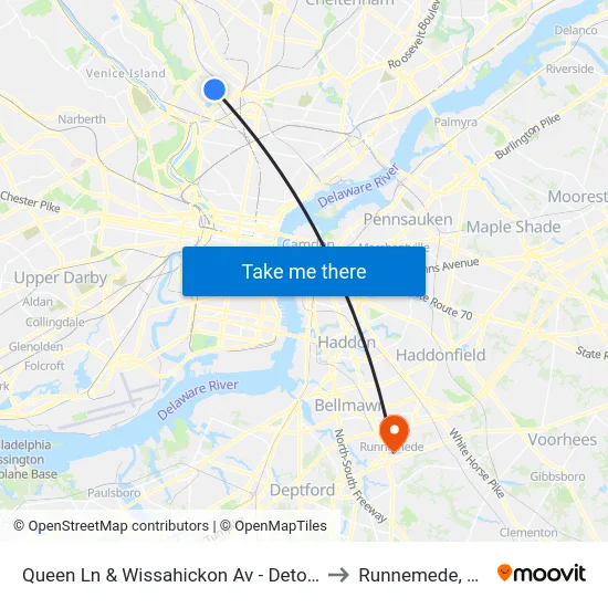 Queen Ln & Wissahickon Av - Detour to Runnemede, NJ map
