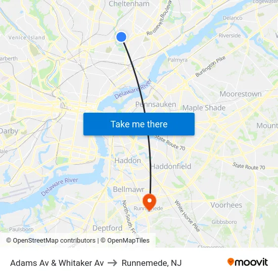 Adams Av & Whitaker Av to Runnemede, NJ map