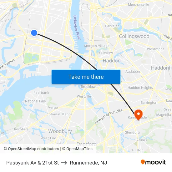 Passyunk Av & 21st St to Runnemede, NJ map