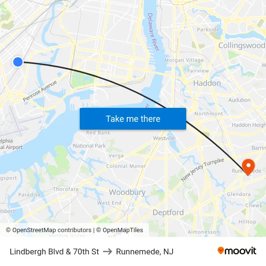 Lindbergh Blvd & 70th St to Runnemede, NJ map