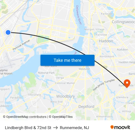 Lindbergh Blvd & 72nd St to Runnemede, NJ map