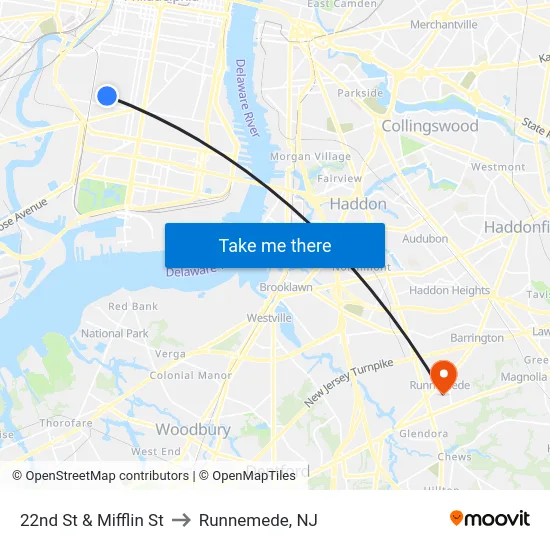 22nd St & Mifflin St to Runnemede, NJ map