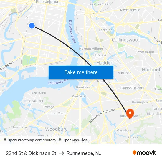 22nd St & Dickinson St to Runnemede, NJ map