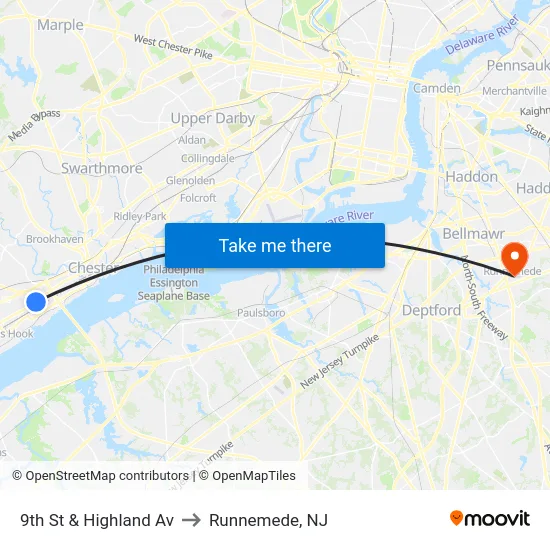 9th St & Highland Av to Runnemede, NJ map