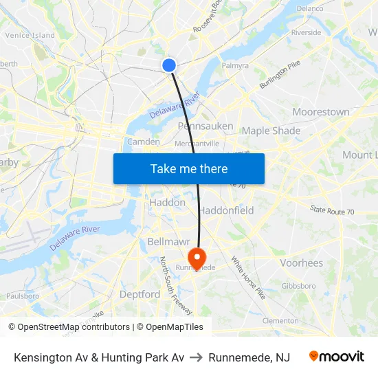 Kensington Av & Hunting Park Av to Runnemede, NJ map