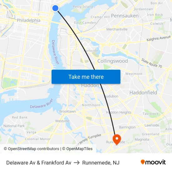 Delaware Av & Frankford Av to Runnemede, NJ map