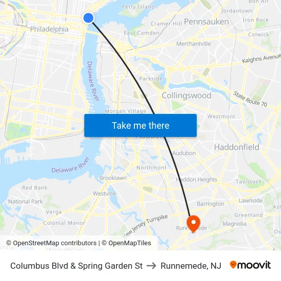 Columbus Blvd & Spring Garden St to Runnemede, NJ map