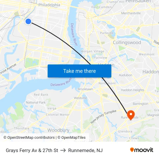 Grays Ferry Av & 27th St to Runnemede, NJ map