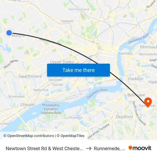 Newtown Street Rd & West Chester Pk to Runnemede, NJ map