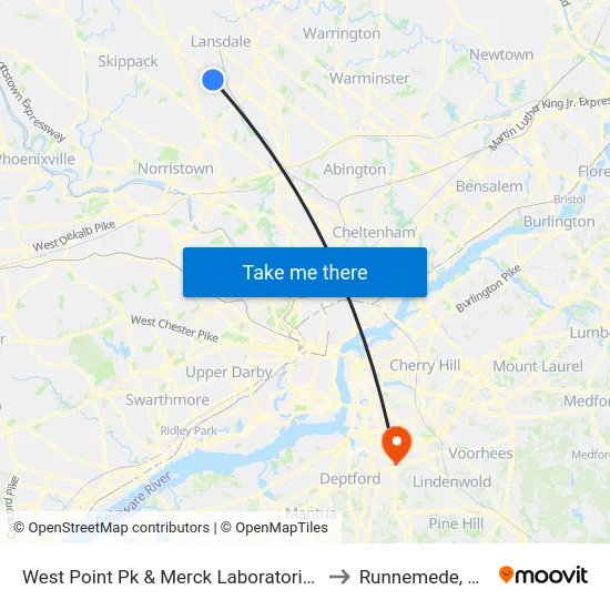 West Point Pk & Merck Laboratories to Runnemede, NJ map