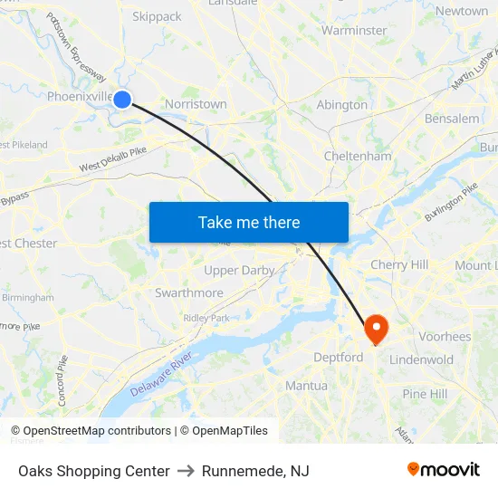 Oaks Shopping Center to Runnemede, NJ map