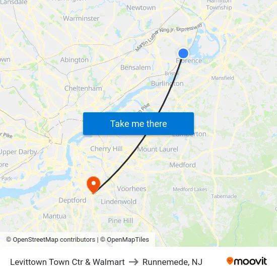 Levittown Town Ctr & Walmart to Runnemede, NJ map