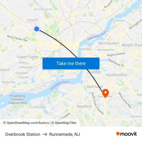 Overbrook Station to Runnemede, NJ map