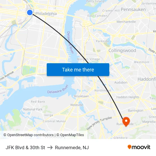 JFK Blvd & 30th St to Runnemede, NJ map